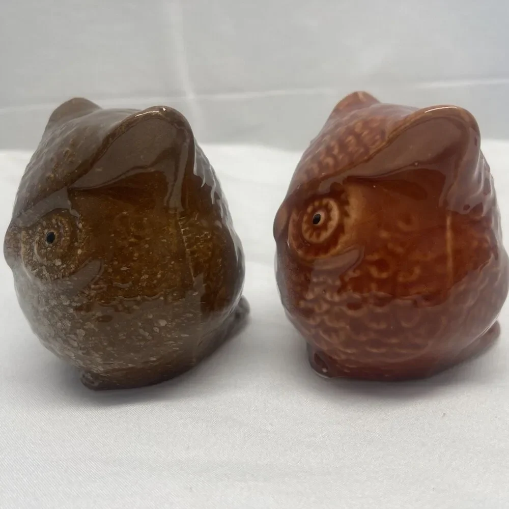 Vintage Set Lot 2 Glazed Porcelain Ceramic Owls Decor Brown Rust Collect MCM EC